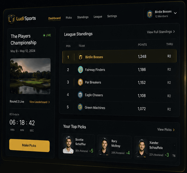 Ludi Sports league dashboard preview with standings and top picks